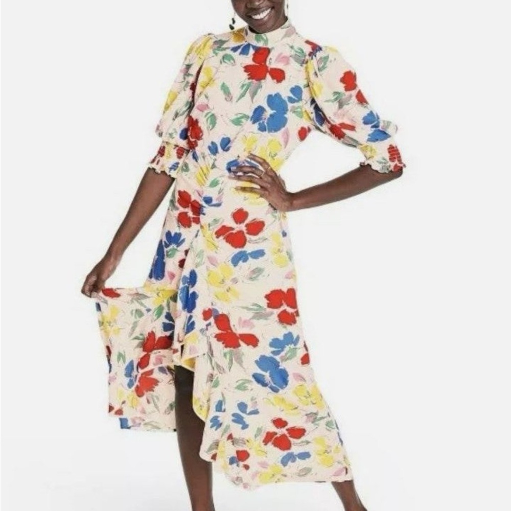 RIXO Asymmetrical Dress with Red, Blue, and Yellow Floral Design